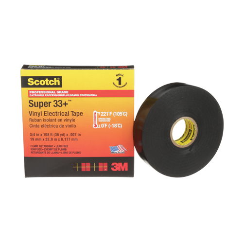 Scotch&reg; Super 33+ Vinyl Electrical Tape, 19 mm (3/4") x 33 m (108'), Black, 7 mils O-Max