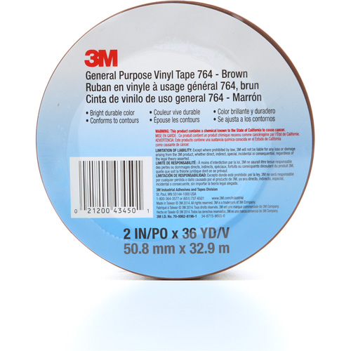 764 General-Purpose Vinyl Tape, 50.8 mm (2") W x 32.9 m (108') L, 5 mils, Brown O-Max