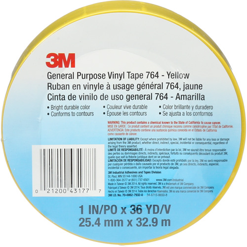 Ruban en vinyle pour travaux g&eacute;n&eacute;raux 764, 25,4 mm (1") la x 32,9 m (108') lo, 5 mils, Jaune O-Max