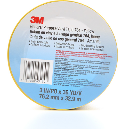 764 General-Purpose Vinyl Tape, 76 mm (3") W x 32.9 m (108') L, 5 mils, Yellow O-Max