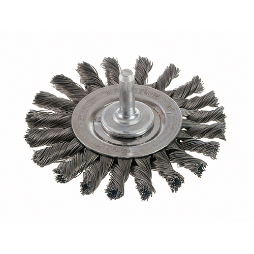 Knot Wire Wheel Brushes - Standard Twist Knot with 1/4" Shank, 4" Dia., 0.014" Fill, Stainless Steel O-Max
