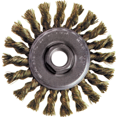 Brosse rotative &agrave; fils nou&eacute;s pour petites meuleuses haute vitesse, Dia. 4", Fils 0,02", Arbre 5/8"-11, Acier inoxydable O-Max