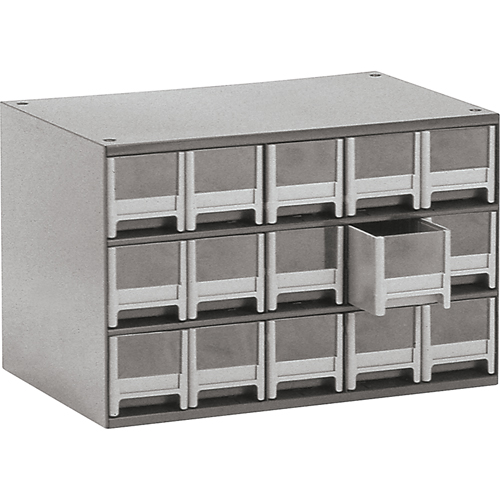 Modular Parts Cabinets, Steel, 15 Drawers, 17" x 10-9/16" x 3-1/16", Grey O-Max