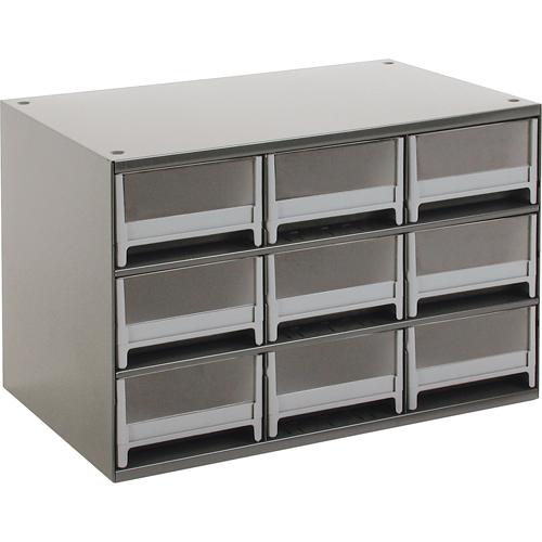 Modular Parts Cabinets, Steel, 9 Drawers, 17" x 10-9/16" x 3-1/16", Grey O-Max