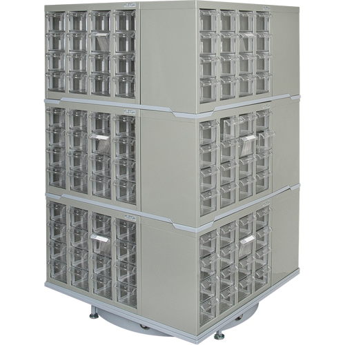 Armoire industrielle robuste avec carrousel &agrave; tiroirs, Acier, 192 tiroirs, 27" la x 27" p x 48" h, Gris O-Max