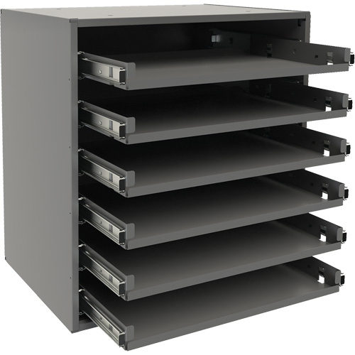 Support de glissi&egrave;re &agrave; petit roulement, Acier, 6 compartiments, 15-9/16" la x 11-7/8" p, 16-3/8" h, Gris O-Max