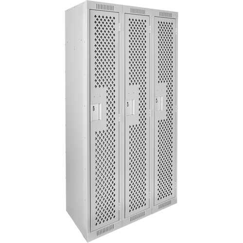 Clean Line Lockers, Bank of 3, 36" x 15" x 72", Steel, Grey, Rivet (Assembled), Perforated O-Max