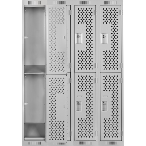 Clean Line Lockers, 2 -tier, Bank of 4, 48" x 15" x 72", Steel, Grey, Rivet (Assembled), Perforated O-Max