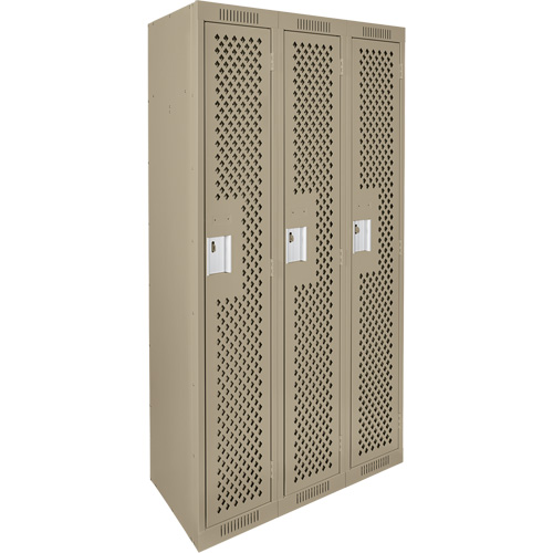 Clean Line Lockers, Bank of 3, 36" x 15" x 72", Steel, Beige, Rivet (Assembled), Perforated O-Max