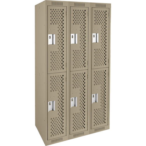 Clean Line Lockers, 2 -tier, Bank of 3, 36" x 15" x 72", Steel, Beige, Rivet (Assembled), Perforated O-Max