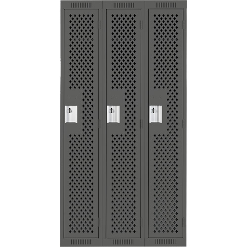Clean Line Lockers, Bank of 3, 36" x 15" x 72", Steel, Charcoal, Rivet (Assembled), Perforated O-Max