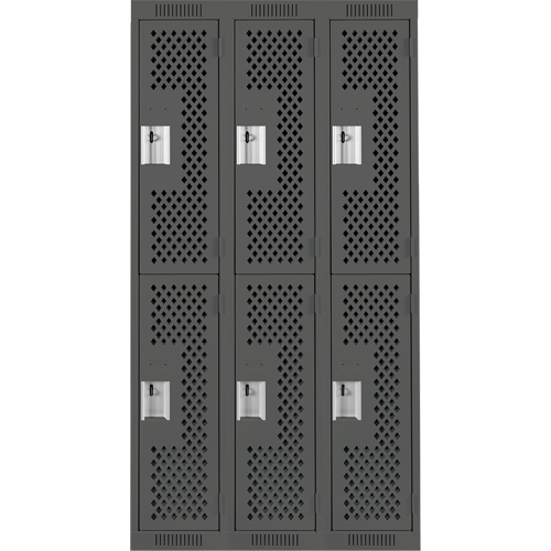 Clean Line Lockers, 2 -tier, Bank of 3, 36" x 15" x 72", Steel, Charcoal, Rivet (Assembled), Perforated O-Max