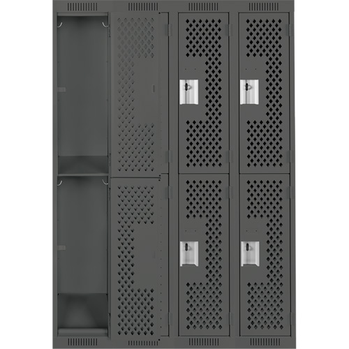 Clean Line Lockers, 2 -tier, Bank of 4, 48" x 15" x 72", Steel, Charcoal, Rivet (Assembled), Perforated O-Max