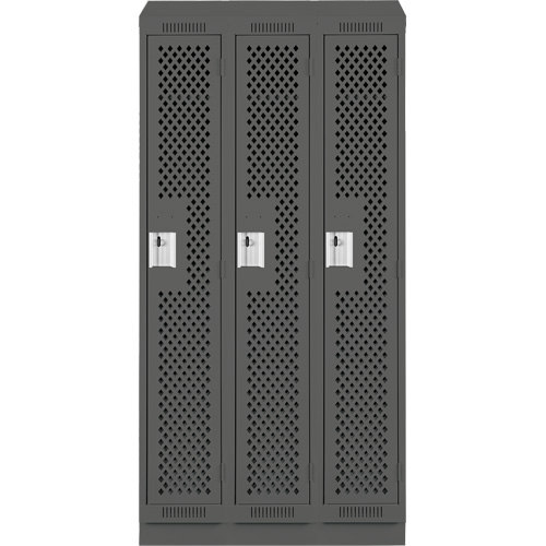 Clean Line Lockers, Bank of 3, 36" x 18" x 82", Steel, Charcoal, Rivet (Assembled), Perforated O-Max