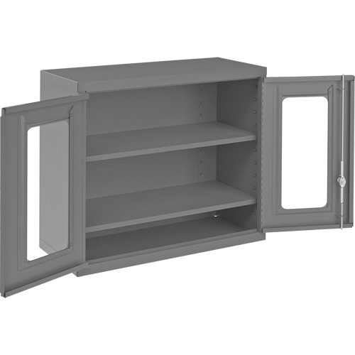 Armoire de rangement murale avec portes transparentes, 26-15/16" h x 29-7/8" la x 13-11/16" p, 2 tablettes, Acier, Gris O-Max