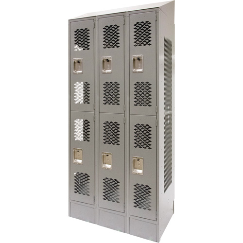 Vented Lockers, 2 -tier, Bank of 3, 36" x 18" x 88", Steel, Grey, Knocked Down, Perforated O-Max