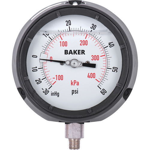 Pressure Gauge, 4-1/2" , 30"-0-60 psi, Bottom Mount, Liquid Filled Analogue O-Max