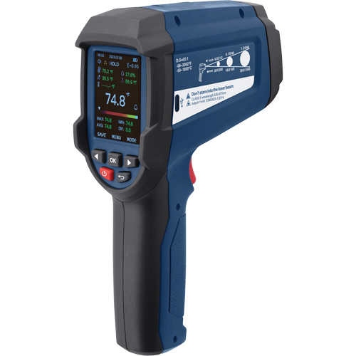 Thermom&egrave;tre infrarouge professionnel avec thermocouple de type K int&eacute;gr&eacute;, -58 - 3362°F (-50 - 1850°C), 55:1, &eacute;missivit&eacute; Ajustable O-Max