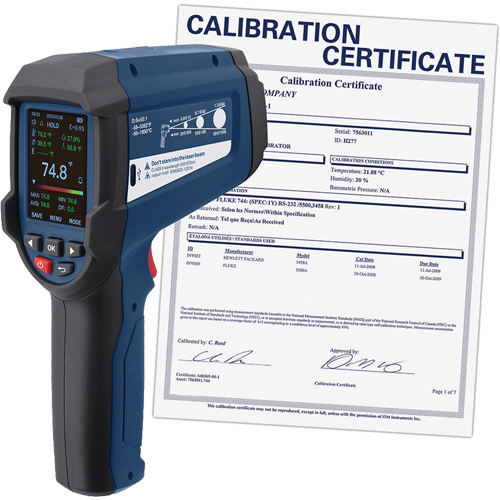 Thermom&egrave;tre infrarouge professionnel avec thermocouple de type K int&eacute;gr&eacute; et certificat d'&eacute;talonnage, -58 - 3362°F (-50 - 1850°C), 55:1, &eacute;missivit&eacute; Ajustable O-Max