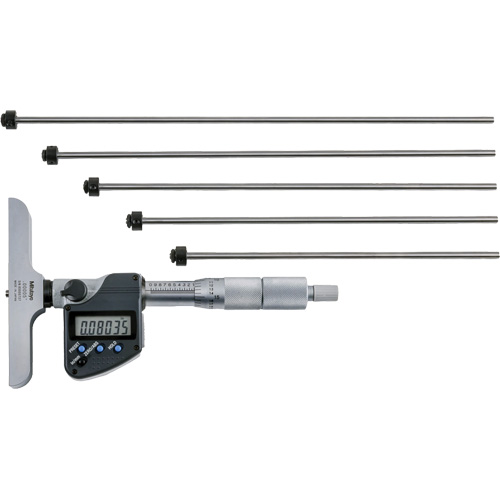 Digital Depth Micrometer with Interchangeable Rod, 0" - 12" (0 mm - 304.8 mm) Range, 0.00005" (0.001 mm) Resolution O-Max