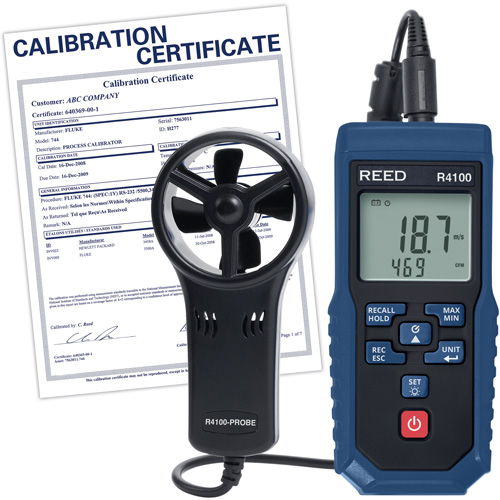 R4100 Vane Thermo-Anemometer with Air Volume with Calibration Certificate, Data Logging, 0.4 - 30 m/sec Air Velocity Range O-Max