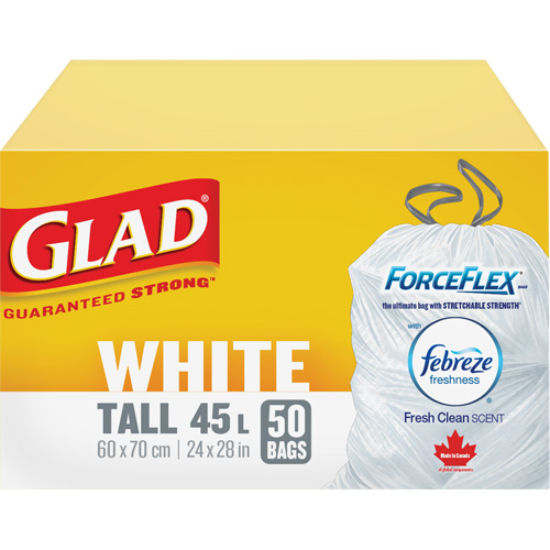 Sacs &agrave; ordures hauts 45 L avec Febreze, R&eacute;gulier, 24" la x 28" lo, Blanc O-Max