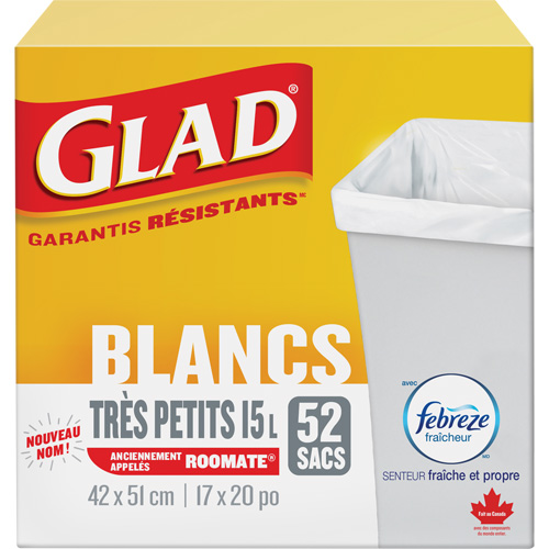 Tr&egrave;s petits sacs &agrave; ordures 15 L avec Febreze, R&eacute;gulier, 17" la x 20" lo, Blanc O-Max