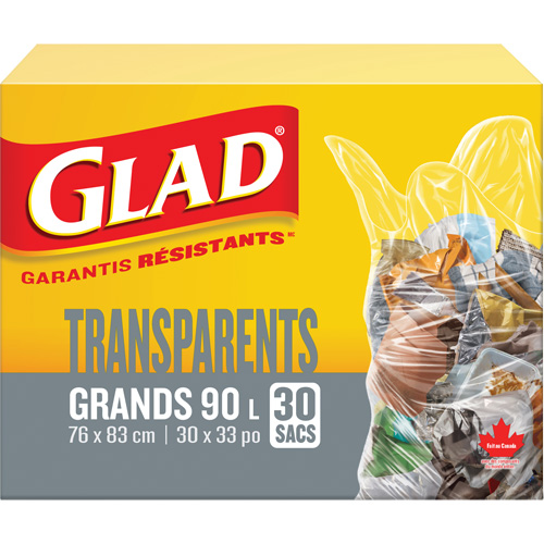 Sacs &agrave; ordures 90 L, R&eacute;gulier, 30" la x 33" lo, Transparent O-Max