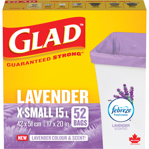 Glad&reg; Lavender Coloured & Scented Bags, Strong, 17" W x 20" L, Purple, 15 L (3.96 Gal.) Capacity O-Max