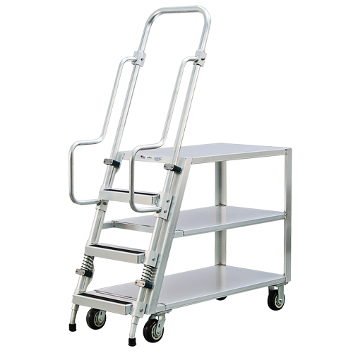 Aluminum Stock Picking Ladder Cart, Aluminum, 22" W x 51-1/2" D, 3 Shelves, 800 lbs. Capacity O-Max