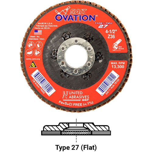 Ovation Flap Disc, 5" x 7/8", Type 27, 36 Grit, Zirconium O-Max