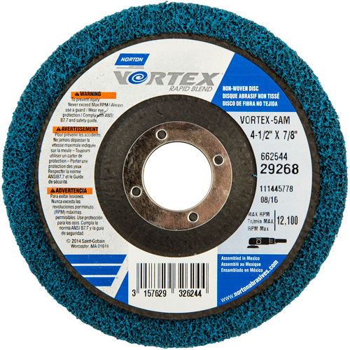 Vortex Non-Woven Disc, 4-1/2" Dia. x 1/2" W, 7/8" Arbor, Aluminum Oxide O-Max