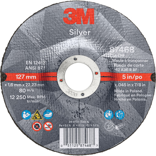 Silver Cut-Off Wheel, 5" x 0.045", 7/8" Arbor, Type 27, Ceramic, 12250 RPM O-Max