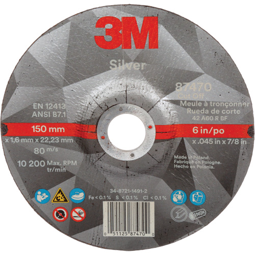 Silver Cut-Off Wheel, 6" x 0.045", 7/8" Arbor, Type 27, Ceramic, 10200 RPM O-Max
