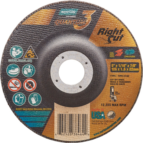 Quantum3 RightCut Cut-Off Wheel, 5" x 1/16", 7/8" Arbor, Type 27/42, Ceramic Alumina, 12225 RPM O-Max