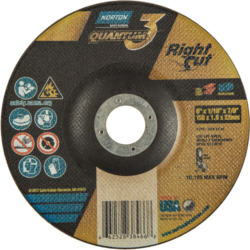 Quantum3 RightCut Cut-Off Wheel, 6" x 1/16", 7/8" Arbor, Type 27/42, Aluminum Oxide, 10185 RPM O-Max
