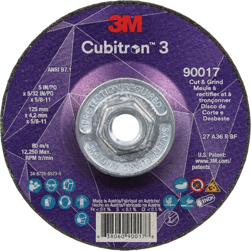 Cubitron 3 Cut & Grind Wheel, 5" x 5/32", 5/8"-11 Arbor, Type T27, 36+ Grit, Ceramic O-Max
