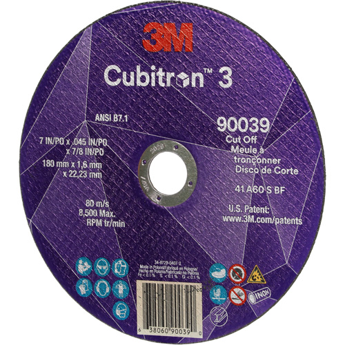 Meule &agrave; tronçonner Cubitron 3, 7" x 0,09", Arbre de 7/8", Type T27, C&eacute;ramique, 8500 Tr/min O-Max