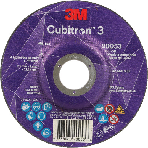 Cubitron 3 Cut-Off Wheel, 4-1/2" x 0.04", 7/8" Arbor, Type T27, Ceramic, 13300 RPM O-Max