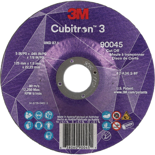Cubitron 3 Cut-Off Wheel, 5" x 0.045", 7/8" Arbor, Type T27, Ceramic, 12250 RPM O-Max