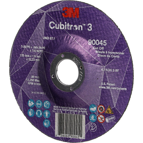 Cubitron 3 Cut-Off Wheel, 5" x 0.045", 7/8" Arbor, Type T27, Ceramic, 12250 RPM O-Max
