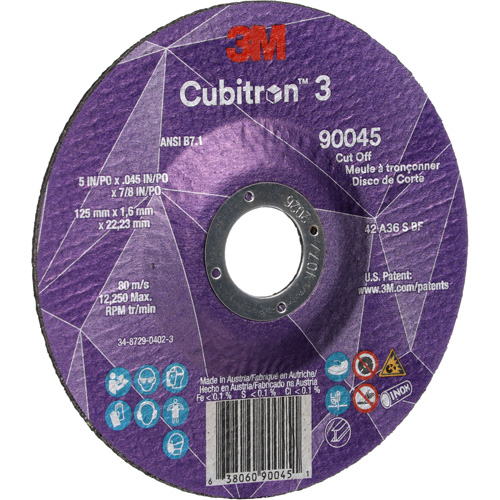 Cubitron 3 Cut-Off Wheel, 5" x 0.045", 7/8" Arbor, Type T27, Ceramic, 12250 RPM O-Max