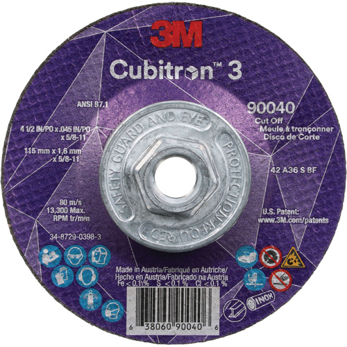 Cubitron 3 Cut-Off Wheel, 4-1/2" x 0.045", 5/8"-11 Arbor, Type T27, Ceramic, 13300 RPM O-Max