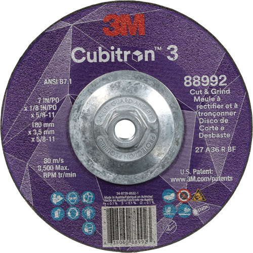 Cubitron 3 Cut and Grind Wheel, 7" x 1/8", 5/8"-11 Arbor, Type 27, 36 Grit, Ceramic O-Max
