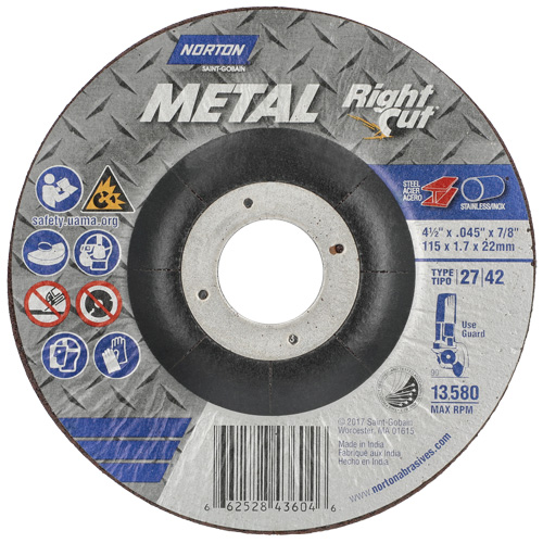 Metal RightCut Right Angle Cut-Off Wheel, 4-1/2" x 0.045", 7/8" Arbor, Type 27, Aluminum Oxide, 13580 RPM O-Max