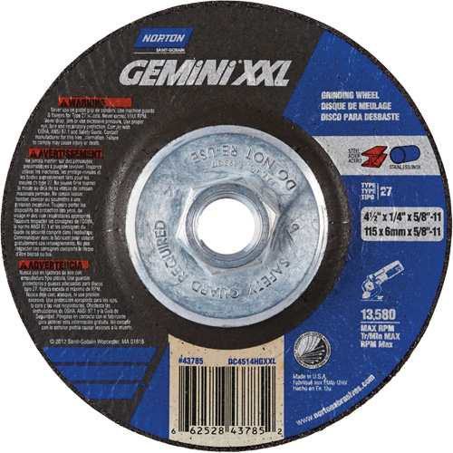 Meule XXL Gemini, 4-1/2" x 1/4", Arbre 5/8"-11, Oxyde d'aluminium, Type 27 O-Max