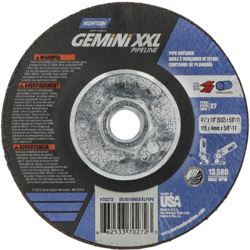 Gemini XXL Grinding & Cutting Wheel, 4-1/2" x 1/8", 5/8"-11 Arbor, Type 27, Aluminum Oxide O-Max