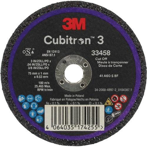 Cubitron 3 Cut-Off Wheel, 3" x 0.039", 3/8" Arbor, Ceramic O-Max