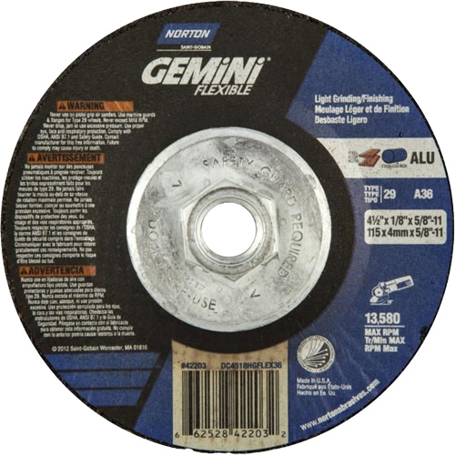Gemini Flexible A AO Grinding and Cutting Wheel, 4-1/2" x 1/8", 5/8"-11 Arbor, Type 29, Aluminum Oxide, 13580 RPM O-Max