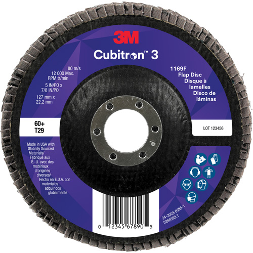 Disque &agrave; lamelles conique 1169F Cubitron 3, 5" x 7/8", Type T29, Grain 60+, C&eacute;ramique O-Max
